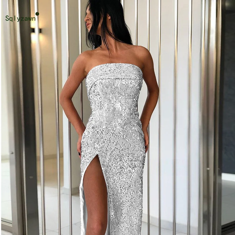 

Sequin Maxi Dress Women Sexy High Split Long Dress 2019 Elegant Sparkly Solid Strapless Summer Evening Party Dresses Vestidos