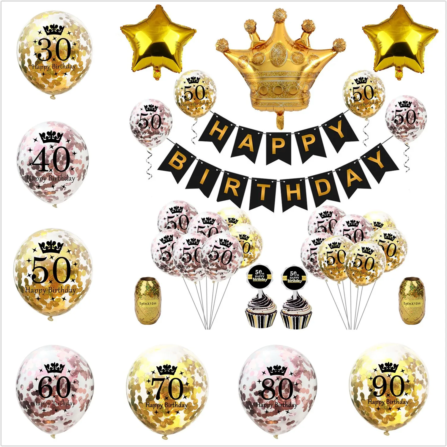 Happy Birthday Confetti Balloon Number Balloon Adult Birthday Cake Topper Gift Sticker For 16 18 21 30 40 50 60 Years Decoration