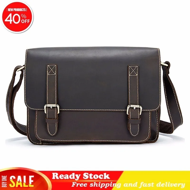 

Luxury brand Crossbody Bags Men Crazy Horse Genuine briefcase Vintage Messenger Men Leather Shoulder Bags Male Hasp Satchels