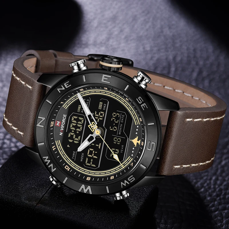 NAVIFORCE 9144 модные золотые мужские спортивные часы светодиодные аналоговые