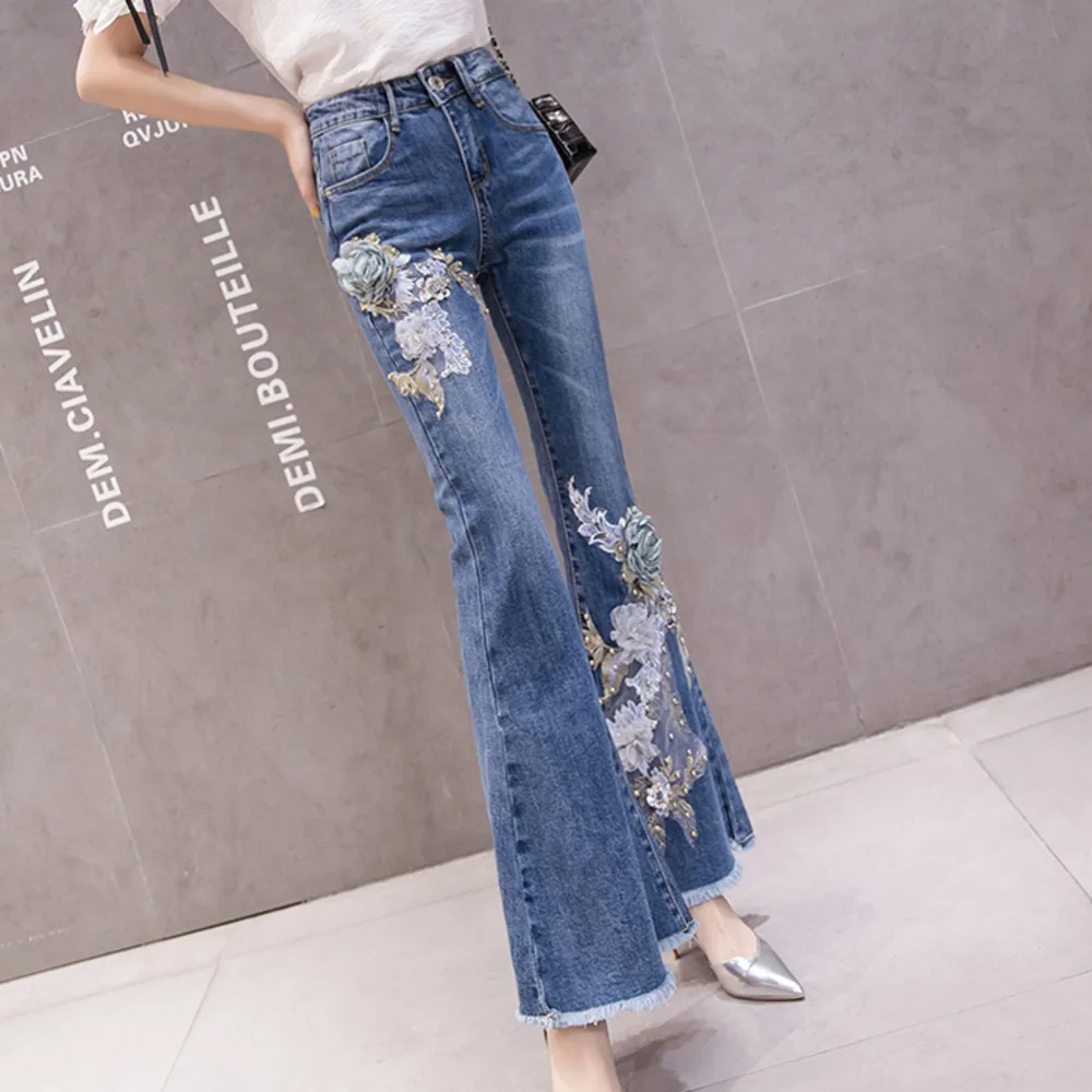 Elastic High Waist Flare Pants Women Fashion 3D Flower