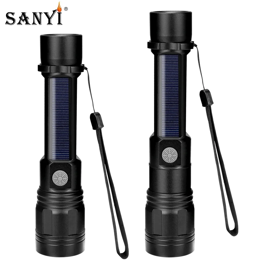 

Solar Powered LED Flashlight 3 Modes Zoomable Focus Torch Solar/USB Charging Light With Compass Survival Tool Emergency Light