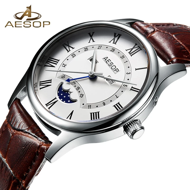 

Aesop Dress Watch Men Moon Phase Sapphire Crystal Quartz Wristwatch Leather Male Clock Wrist Relogio Masculino Hodinky New 8848g