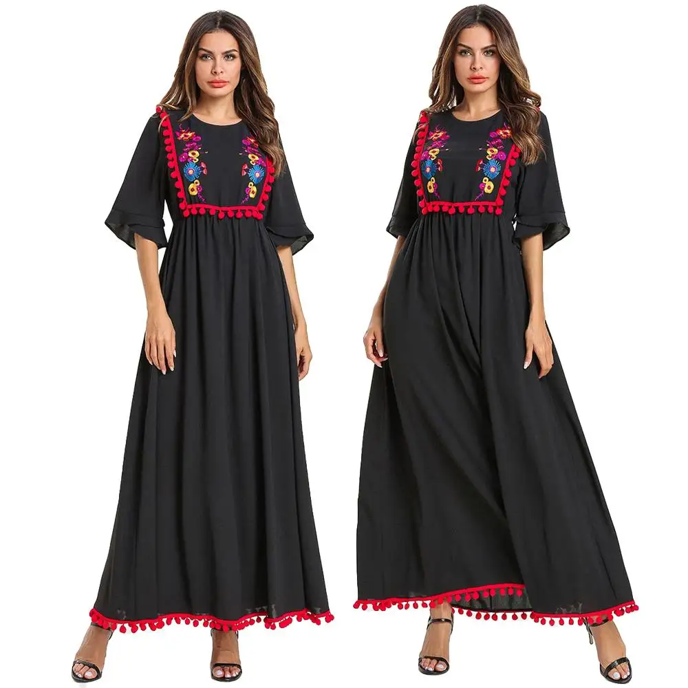 Женское Макси-платье с вышивкой в этническом стиле; платье-Кафтан с кисточками; вечерние платья с помпонами и джилбабом; модное летнее платье с коротким рукавом в стиле Рамадана