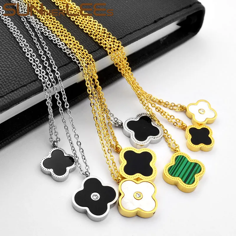 

SUNNERLEES Fashion Jewelry Stainless Steel Pendant Necklace Multicolor Shell Lucky Flowers Gold Color Link Chain Men Women SPN05