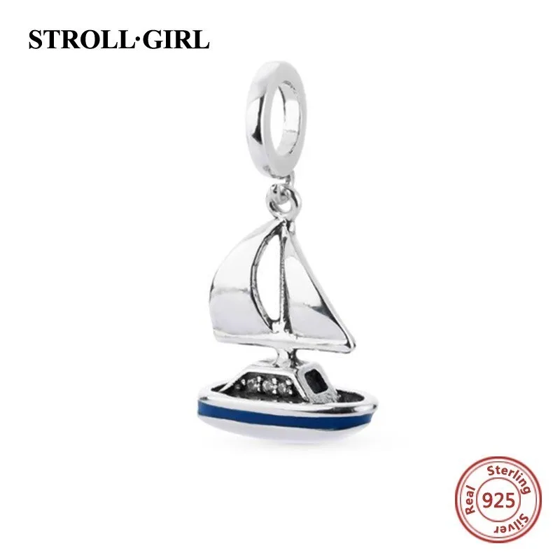 

StrollGirl 925 silver beads little sailboat charms with blue enamel fit authentic European bracelets jewelry making men gift