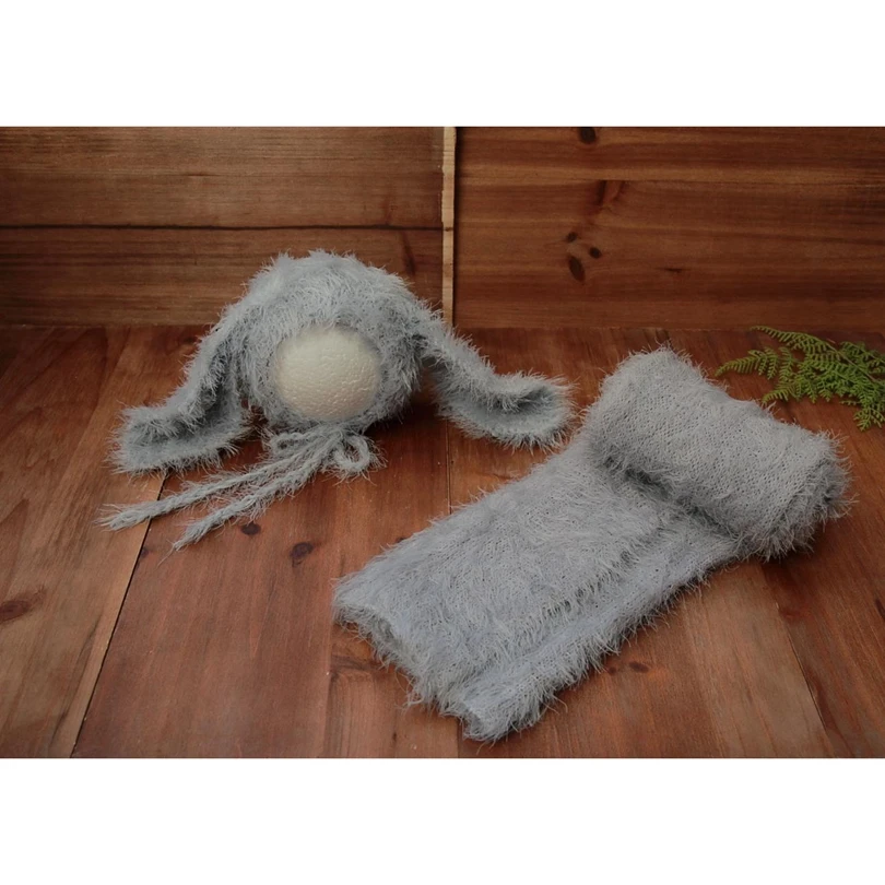 

Teddy Bunny Bonnet Wrap Outfit Photography props Newborn Fuzzy Animal Hat Baby swaddle Cocoon Blanket Photo prop