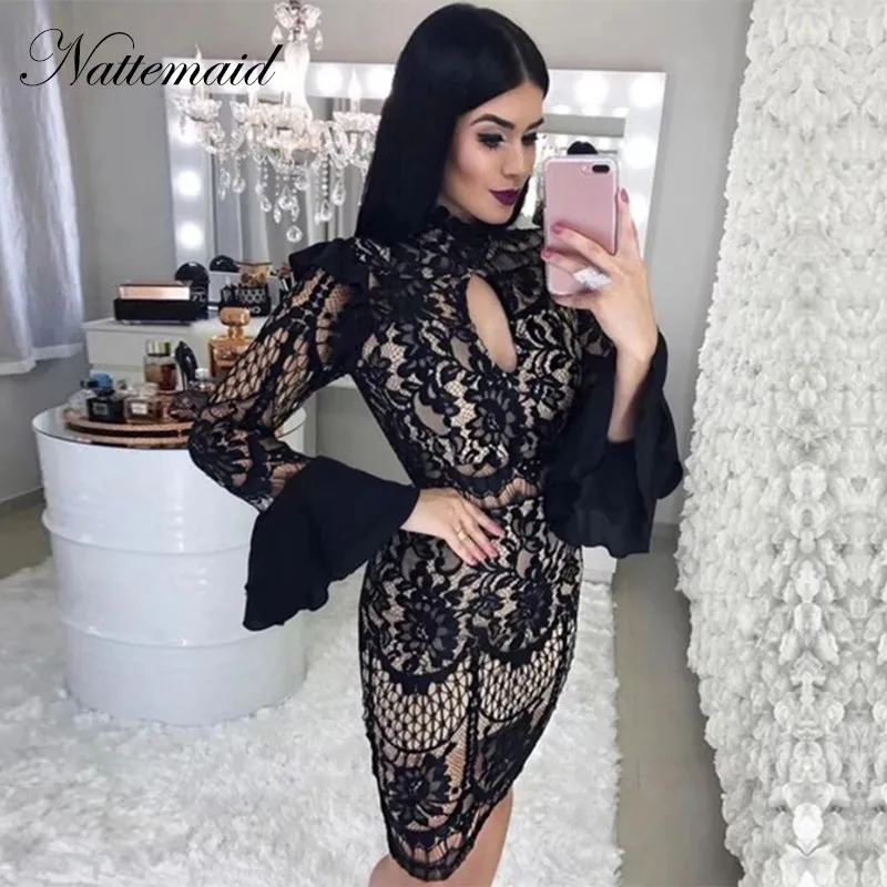 

NATTEMAID Flare Sleeve Floral Hollow Out Lace Dress Women Black White Mini Summer Dress Elegant Mesh Sexy Party Dresses Vestidos