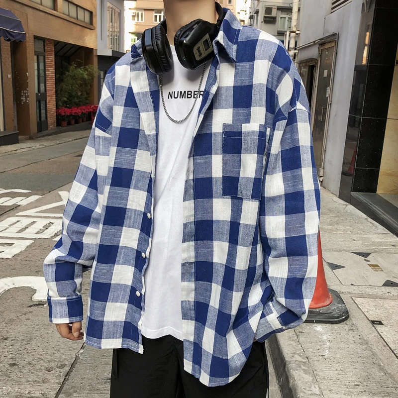 

Men's Shirt 2019 Spring Simple Fashion Slim Two-color Plaid Small Fresh Loose Long Sleeve Youth Pop Shirt Handsome Men's Wear