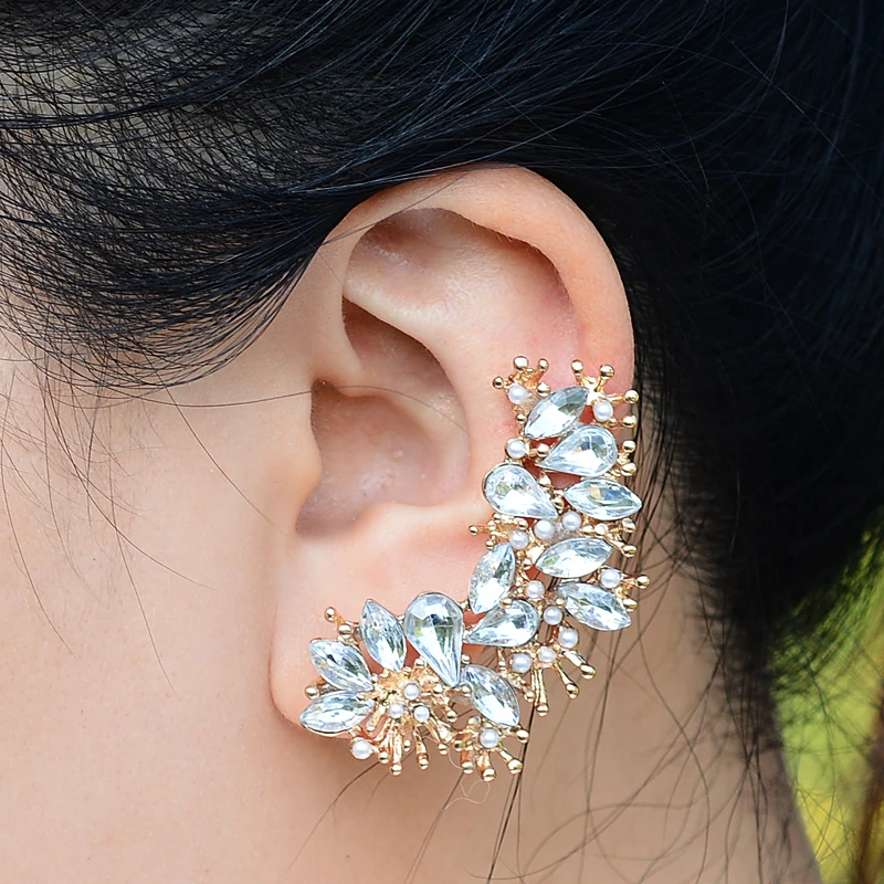 

Gothic 1Pc Gold Left Ear Cuff Earrings Women Flower Climbing Elegant Piercing Cartilage Colorful Crystal Rhinestone Ear Clip