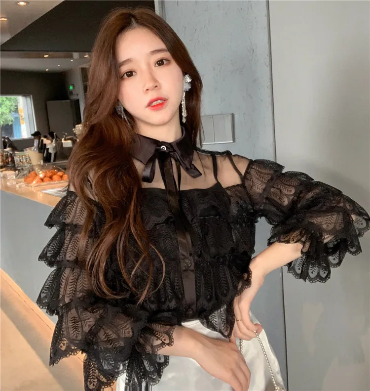  2019 Spring Girls Transparent Lace Blouses Shirts Tees Female Ruffles Sleeve Fairy Blouses Tops For