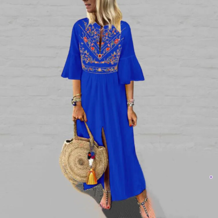 

2019 Summer Women Bohemian Dress Floral Print V Neck Ruffles Split Dress Vintage Long Maxi Dress