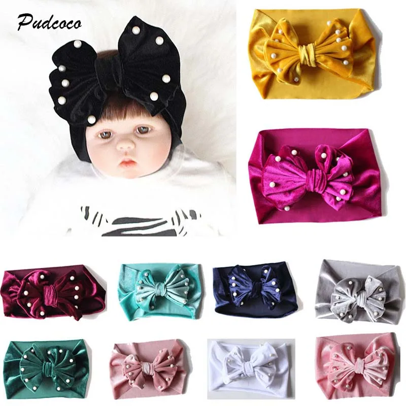 2019 Brand Baby Toddler Girls Soft Bunny Rabbit Bow Knot Turban Headband New Fashion Pearl Velvet Hair Band Headwrap Accessories | Детская