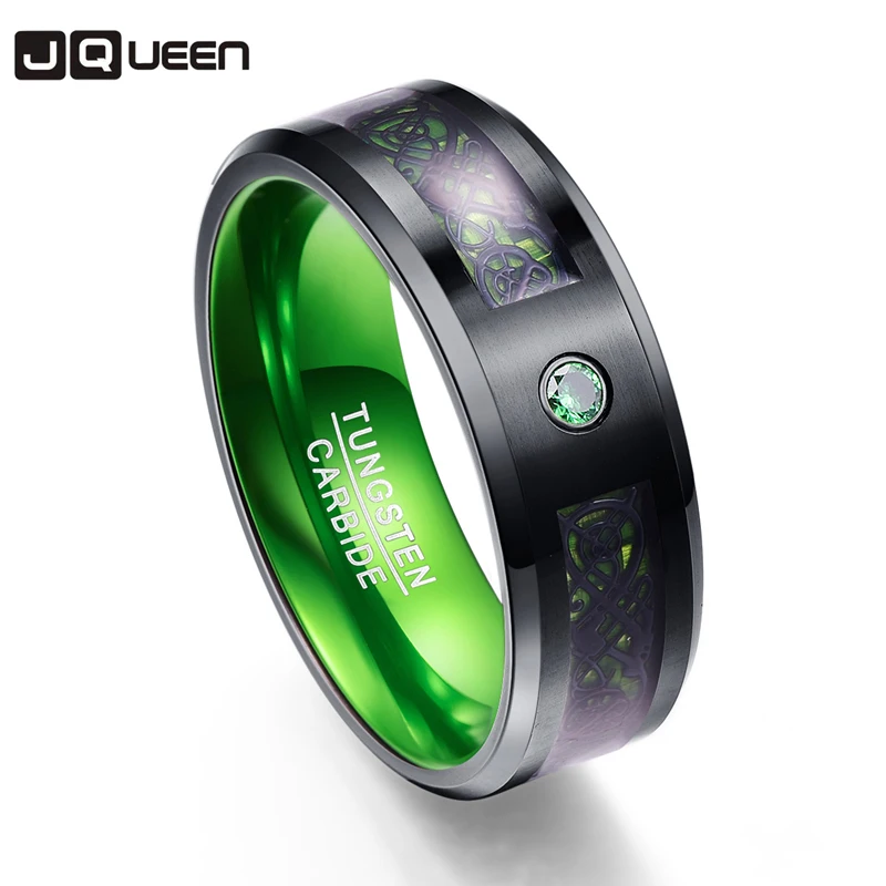 

Carbon Fiber Men Rings Scrub Green Zircon 100% Tungsten Carbide Wedding Bands Anillos para hombres Black Dragon