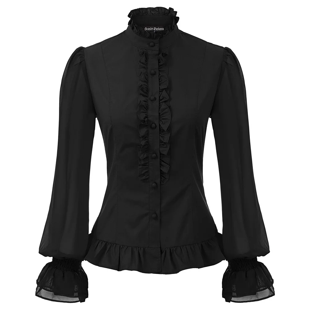 

ladies Women party shirts Steampunk Victorian medieval Long Sleeve Stand Collar buttons Ruffle Decor solid Shirt gothic tops