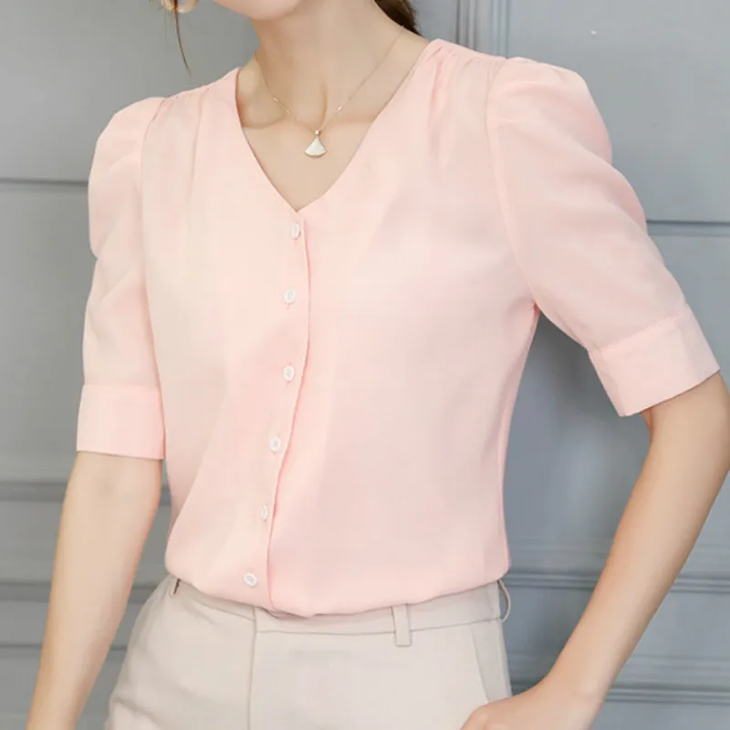Корейская женская шифоновая блузка с длинным рукавом с короткими рукавами и короткими рукавами Леди Блузки на пуговицах года