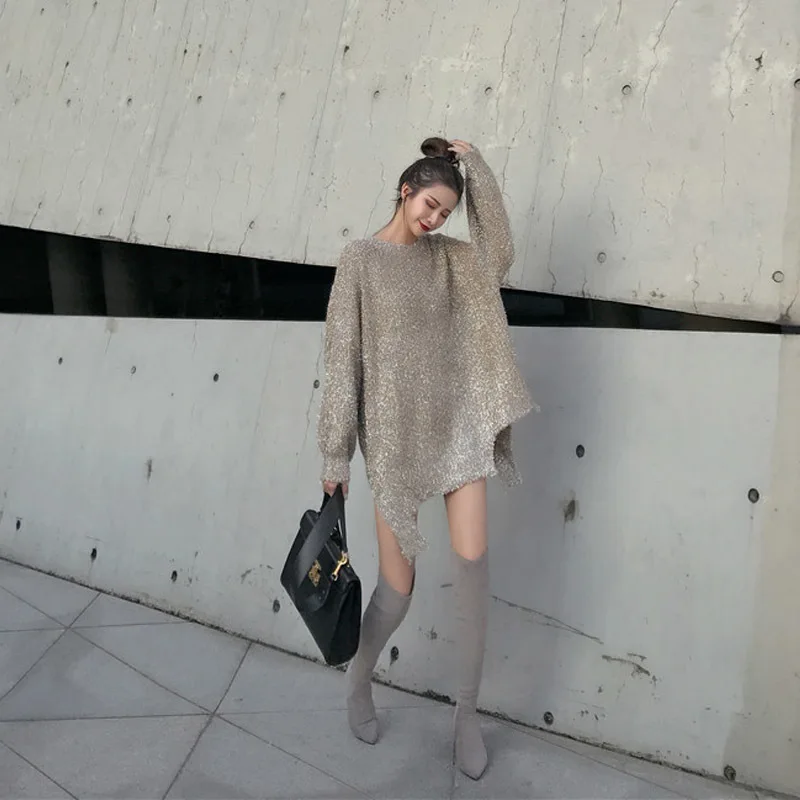 

Retro temperament Medium and long section sweater lazy wind versatile Straight coat spring autumn irregular loose shiny sweater