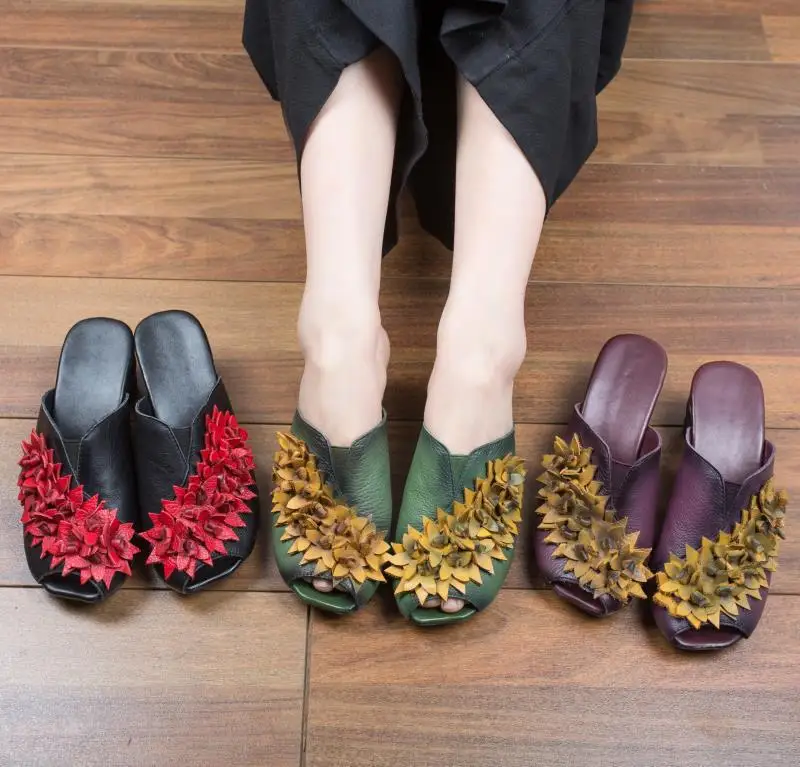 

Nation Genuine Leather Woman Slipper Flower Set Coarse Toe With Women's Slipper