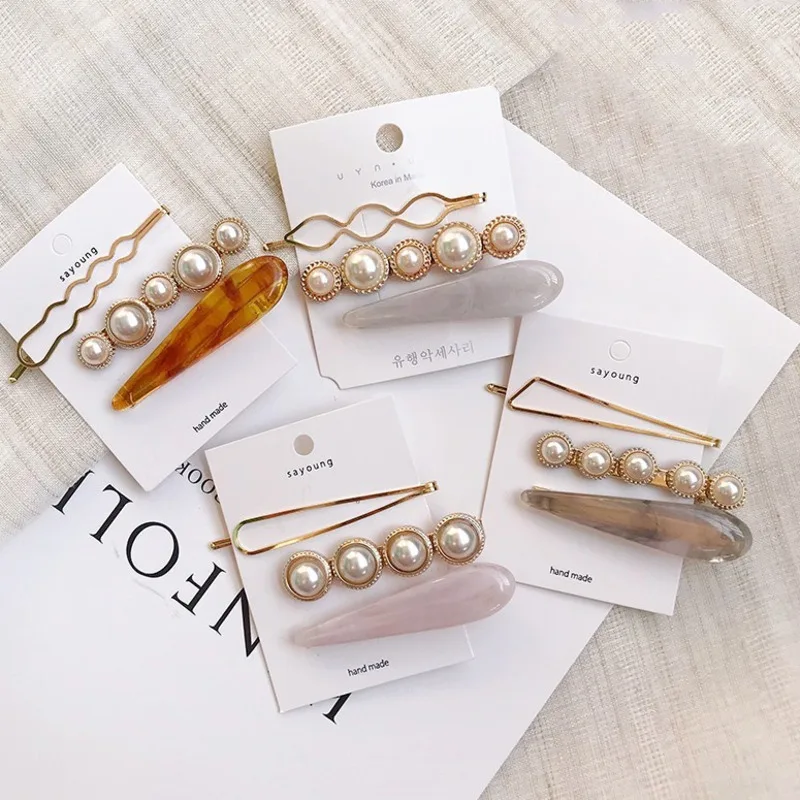 

3pcs Women Barrettes Set Pearl Hair Pins Korea Big Acrylic Gold Clip Hair Clip Headpiece Girls Headwear Fashion Accessories 2019