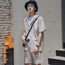 Рубашки+ шорты) Летний мужской костюм решетки с коротким рукавом для отдыха рубашка кардиган шорты костюм наборы спортивный костюм мужская одежда