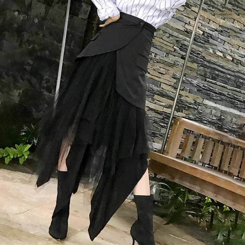 [EAM] Новинка, Весенняя черная юбка с высокой талией, свободная юбка с разрезом в сетку, женская модная универсальная юбка JK098