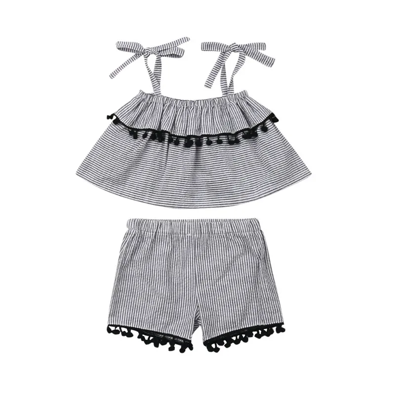 

2-7Y Cute Summer Children Clothing Hot Sale Toddler Baby Girls Sleeveless Sling Tops T Shirt Shorts 2Pcs Striped Cotton Outfits