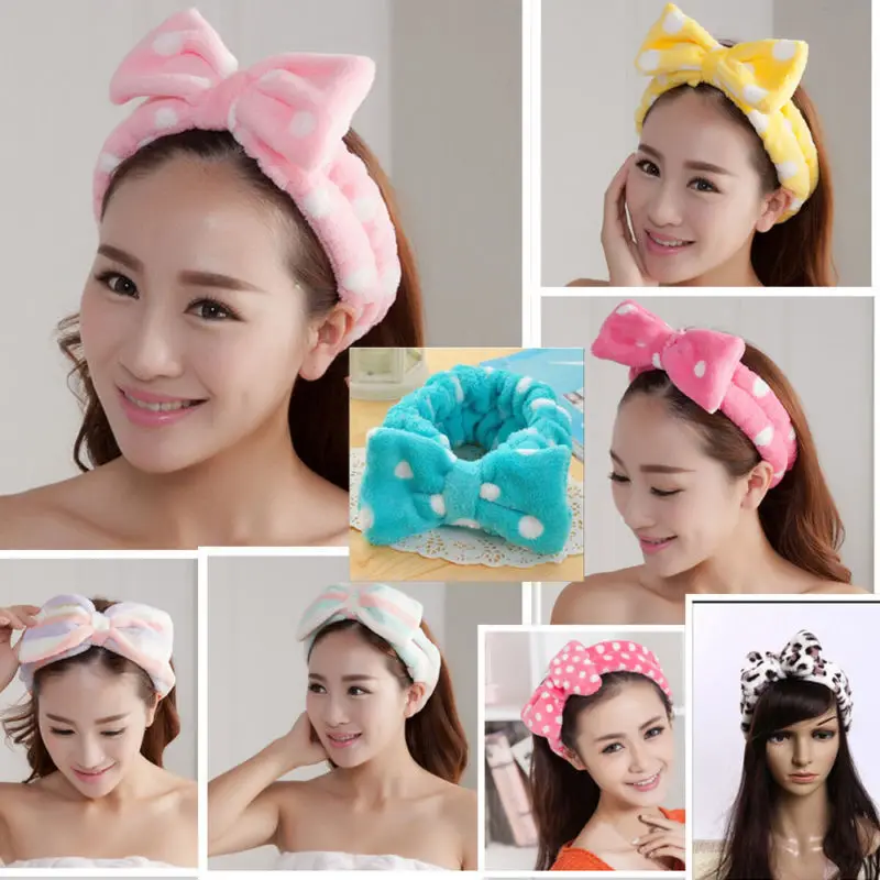 

New Arrival Big Bow Dot Striped Soft Towel Hair Band Head Wrap Headband Bath Spa Make Up Female Coral Velvet Bowknot Hairbands