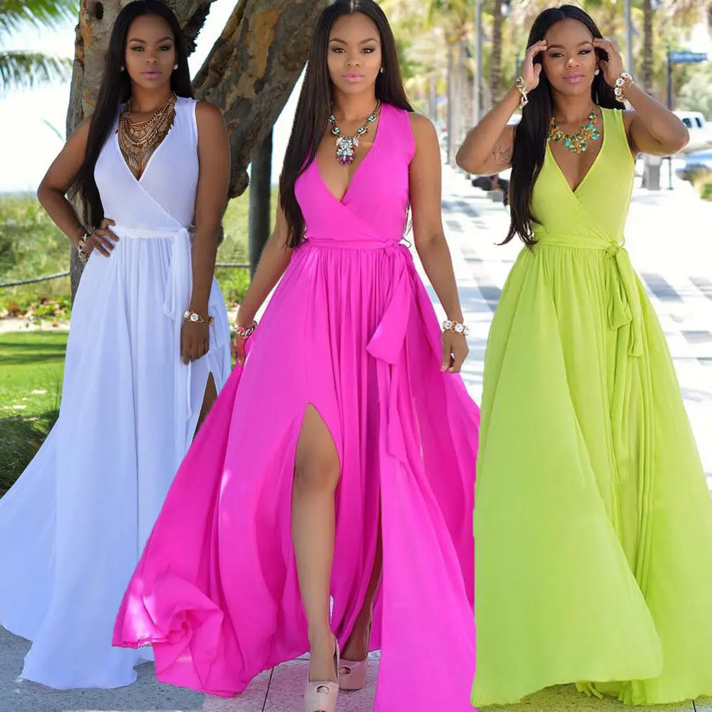 

2019 Newly Women Boho Long Maxi Solid Sexy Formal Dress Sleeveless Ladies Party Summer Beach Sundress