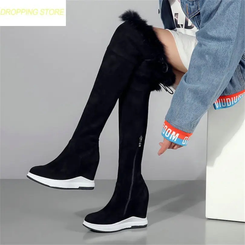 

2019 Women Cow Leather Knee High Booties Wedges High Heel Punk Long Sneakers Rabbit Fur Pumps Shoes Warm Riding Boots