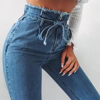 

Vintage Tassel High Waist Slim Jeans With Belt Fashion women Ankle-Length Sexy Bodycon Pencil Denim Pants Trousers Pockets 2019
