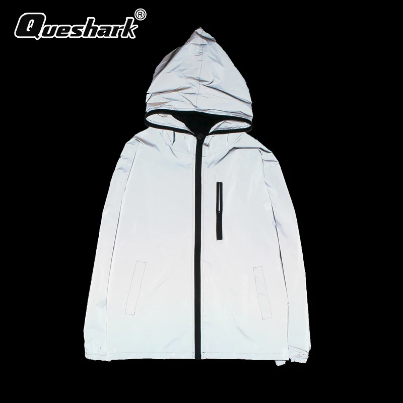 

Women Men's Reflective Running Jacket Hoodies Sport Jackets Hip Hop Windproof Windbreaker Hooded Fluorescent Skateboard Coat