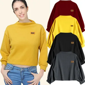 

Women Long Sleeve Sweatshirt Pullover Drop-Shoulder Sleeve Crop Tops Ladies Solid Black Hoodies Yellow Jumper