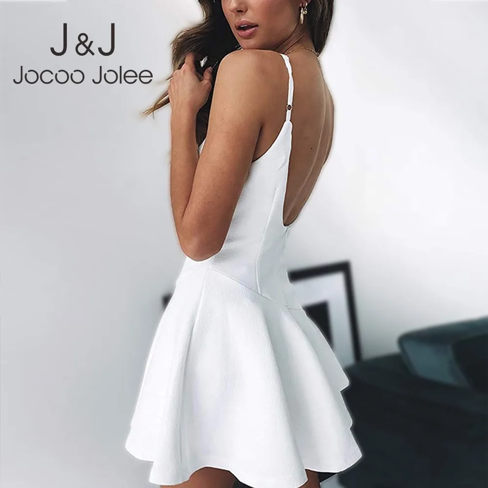 

Jocoo Jolee Casual Sleeveless Ruffle A-Line Dresses Sexy Solid Backless Strap Mini Dress Women Elegant Party Club Dress Vestidos