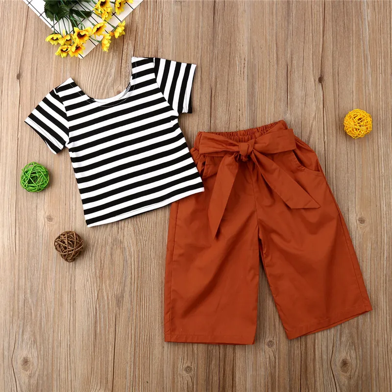 

Toddler Baby Girls clothes round neck short sleeve pullover Striped T-shirts solid Bow pocket Wide Leg Pants 2pc Kids Outfits