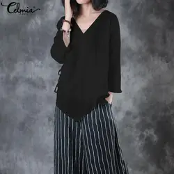2019 Celmia новые модные женские туфли блузки для малышек повседневное девять четверти кружево Топ Свободные Твердые Асимметричная рубашка