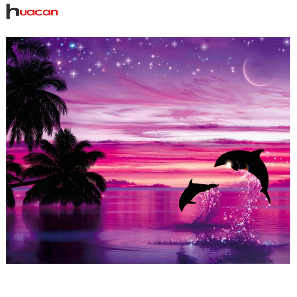 

HUACAN Diamond Embroidery Landscape Diamond Painting Full Round Drill Needlework Rhinestone Mosaic Dolphin Home Decor