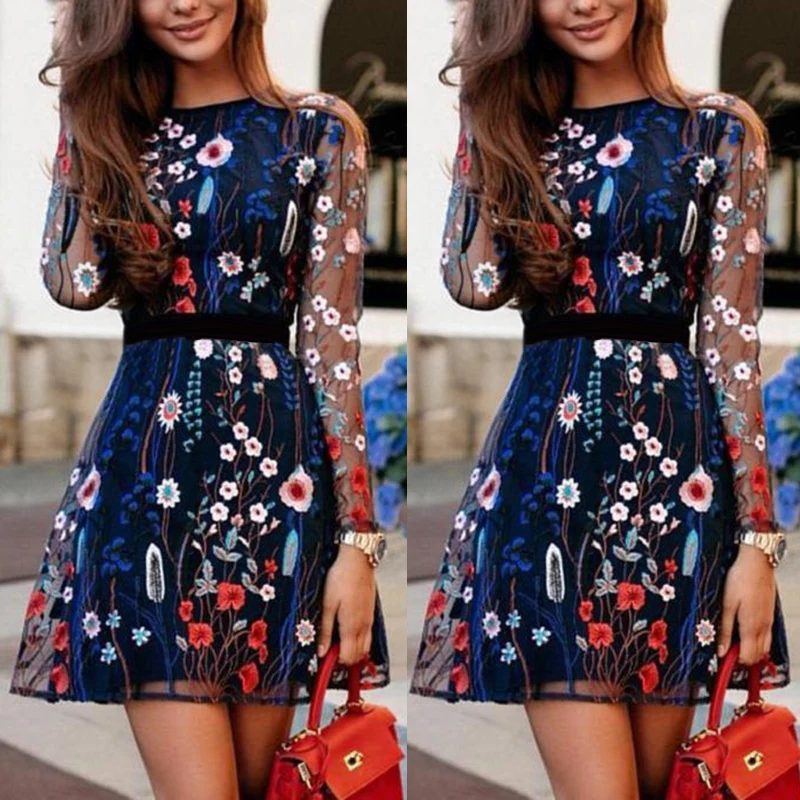 

summer hot girls mesh see through long sleeve a line dress Vintage Women Evening Party Hollow Transparent Embroidery mini Dress