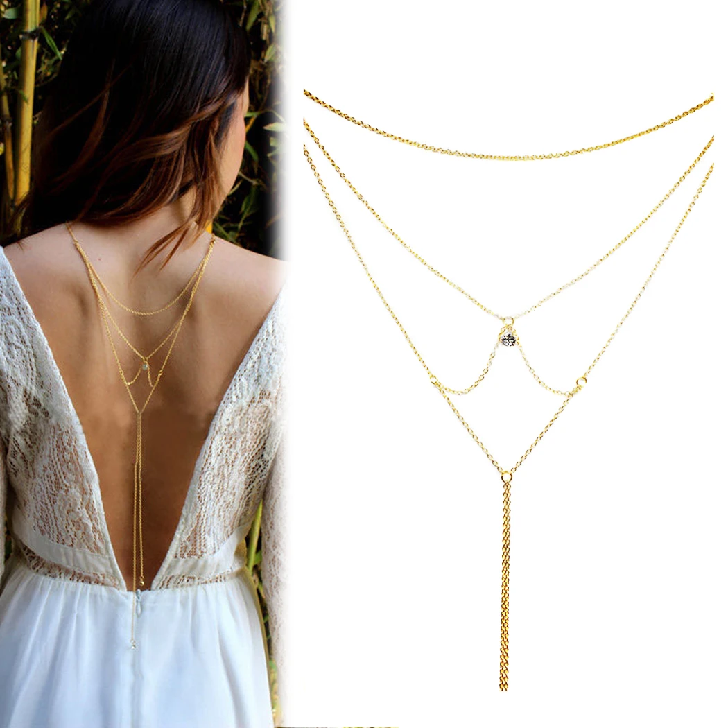 

2019 New Fashion Design Sexy Gold Silver Color Crystal Back Long Necklace Multilayer Cross Backdrop Backless Dress Jewelry
