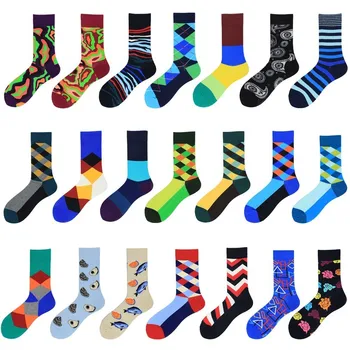 

PEONFLY 2020 Hot Sale Casual Men Socks Fashion Design Plaid Striped Sokken Classic Colorful Business Cotton Socks Happy Men