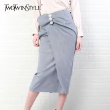 TWOTWINSTYLE, весенние полосатые юбки для женщин, высокая талия, жемчуг, пуговицы, юбка миди, женская, большой размер,, Повседневная модная одежда