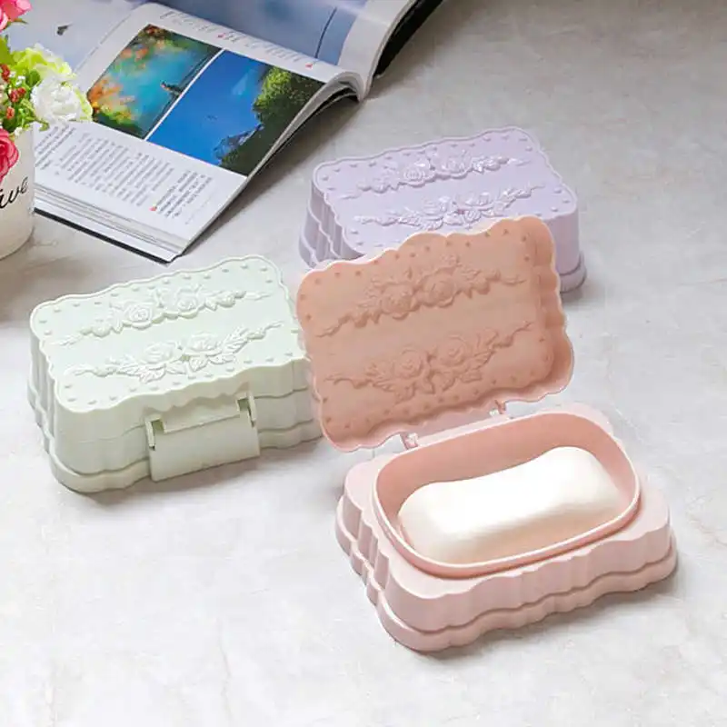 

Fashion Travel Home Bathroom Flower Soap Dishes Box Case With Cover Holder