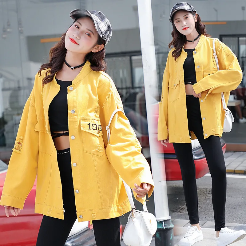 

Harajuku Punk blue Yellow Pink red Tops Loose Basic Denim Hole Jacket Outwear Women's Jeans Coat Streetwear Korean BF Wind Coats