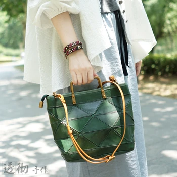

Vintage Women Small Tote female retro leather Literary shoulder bags personality geometric stitching black Manual handbags Japan