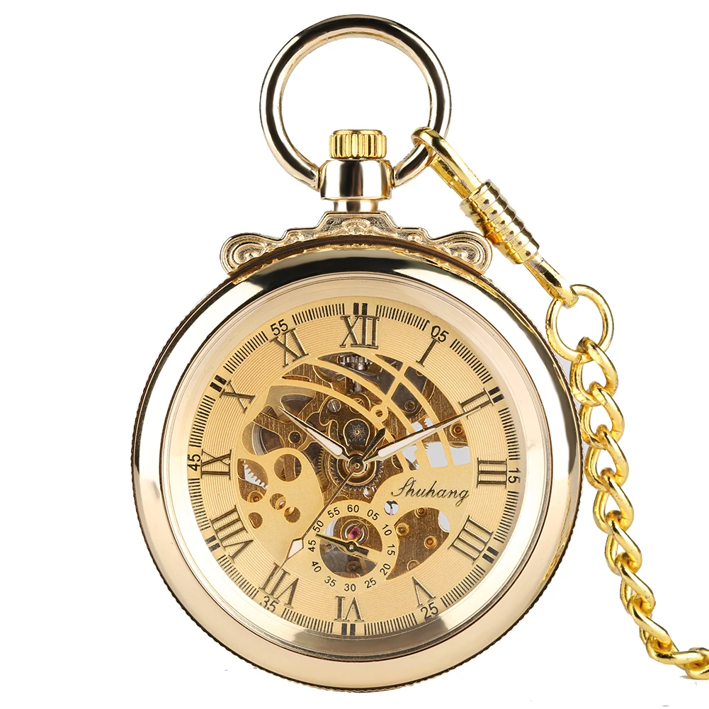 Vintage Golden Mechanical Pocket Watch Movement Roman Numerals Pendant Fob Chain Anique Clock Hours Men Women 1
