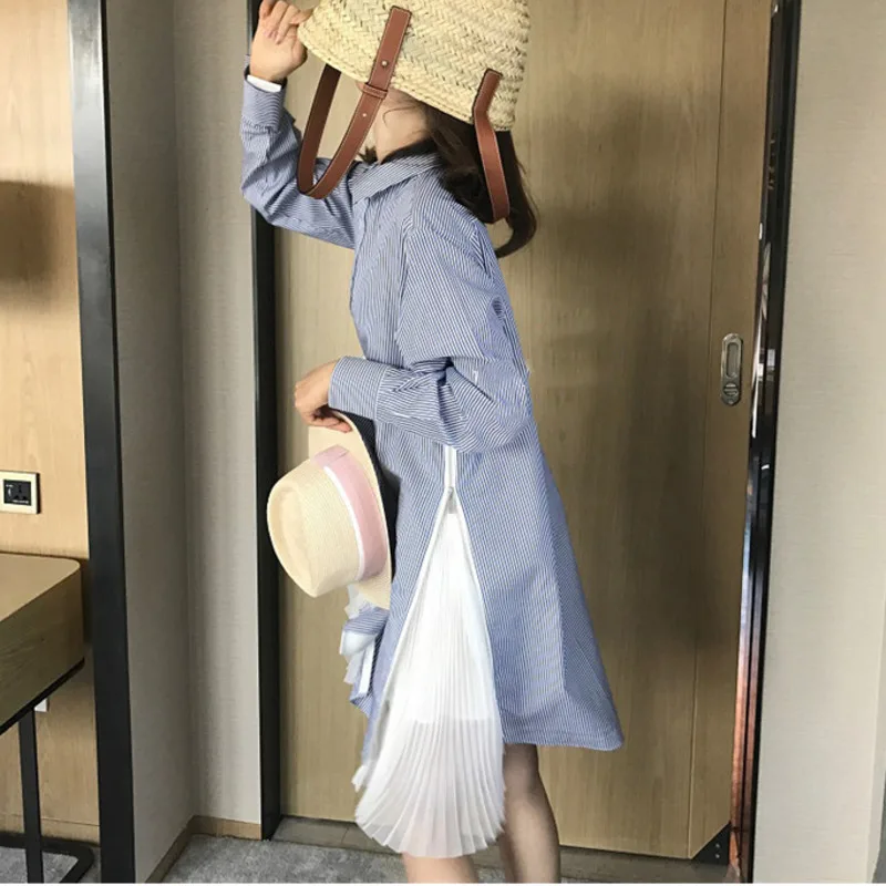 

LANMREM Women 2019 Striped Mesh Split Joint Zipper Shirt Loose Dress Fashion Turn-down Collar Female Above Knee Clothes TB22005