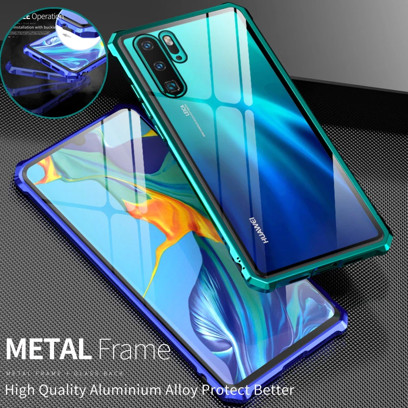 

For Huawei P30 Pro Lite Case Luxury Slim Aluminum Bumper Metal Armor Case Back Transparent Glass Cover P30 Etuis Handy Hulle