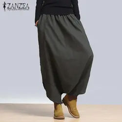 2019 ZANZEA для женщин Твердые падение шаровары с низкой слонкой брюки для девочек повседневное эластичный пояс, Карманы Свободные мотобрюки