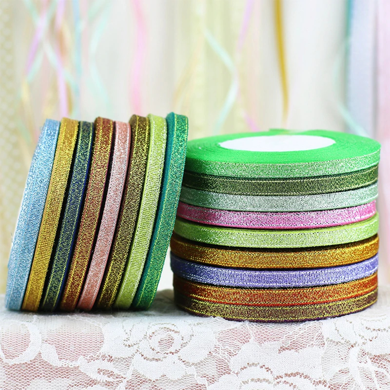 

25yards Silvery Crafts Ribbons Glitter Metallic Sewing Fabric 6mm Festival Supplies 1PC Gift Wrap Wedding Golden DIY Party