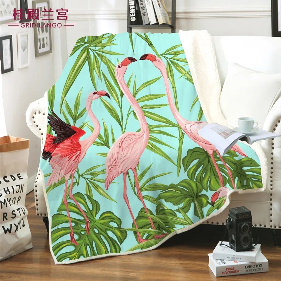 

GRIDILANGO Flamingo Palm Microfiber Bed Blanket For Adults Kid Sherpa Velvet Plush Home Throw Blanket Thin Quilt Dropshipping
