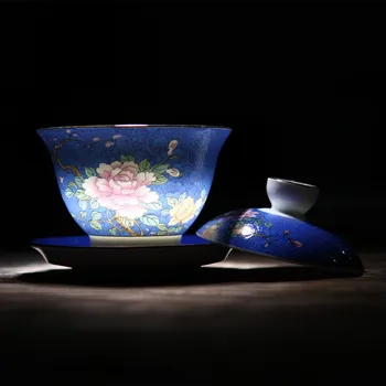 

Jindezhen Ceramics Tureen Tea Set Hand Gradual Change Grilled Flower Three Talents Tureen Teacup Tuba Infusion Of Tea Tea
